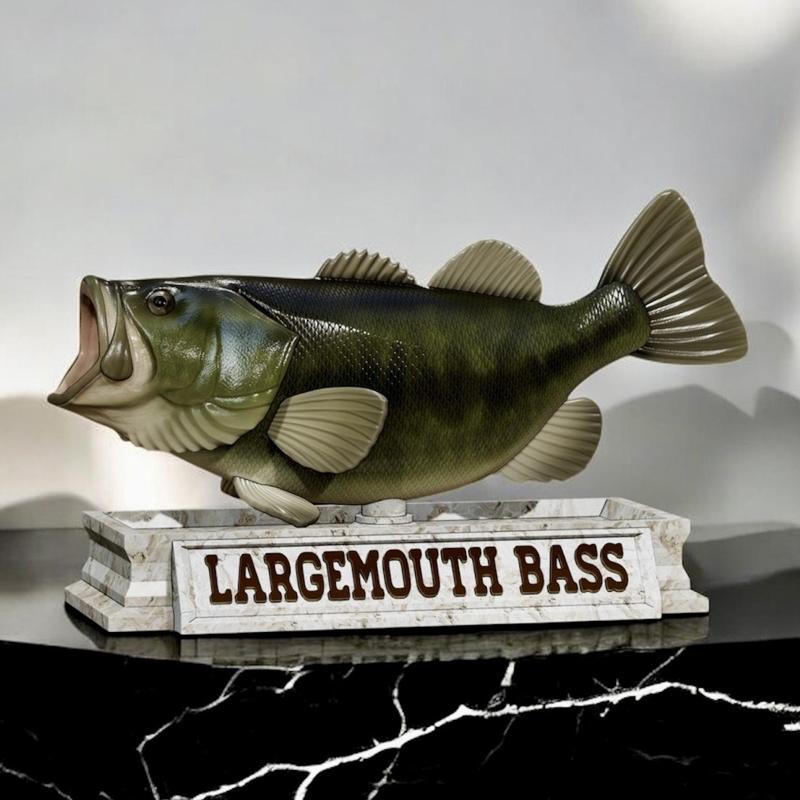 fish Largemouth Bass / Micropterus salmoides statue in motion stone base detailed texture for 3d printing