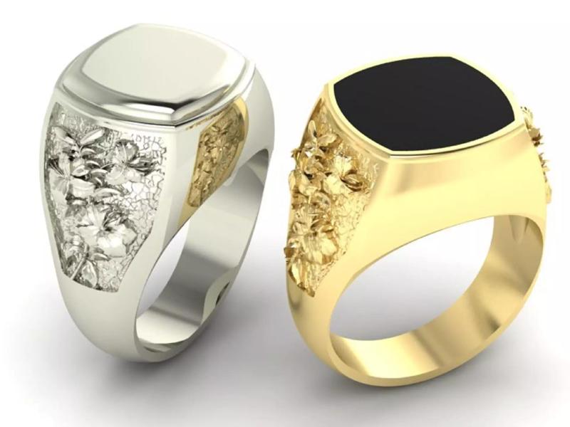 signet mens ring pattern of lilies and a black onyx stone