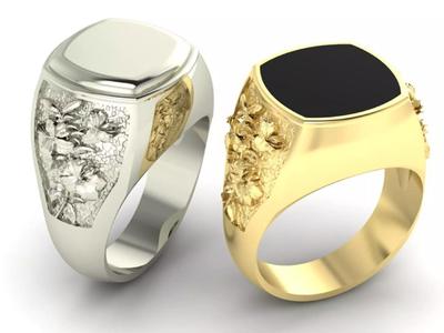 signet mens ring pattern of lilies and a black onyx stone