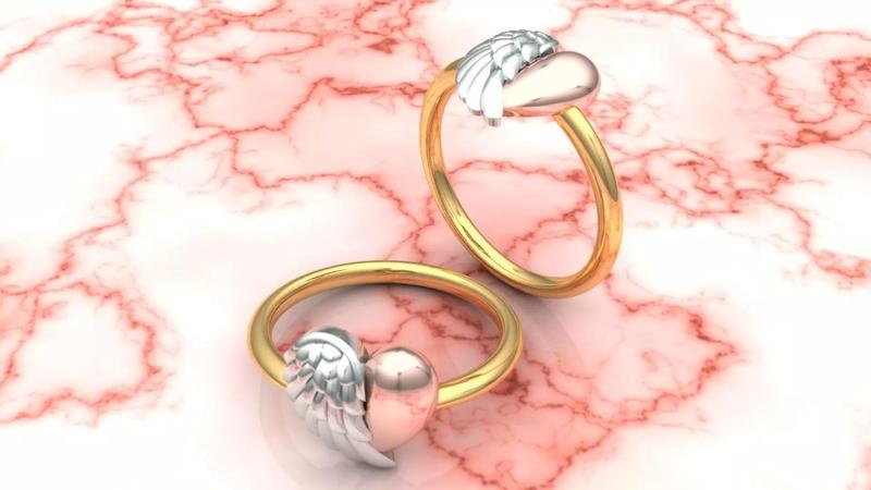 RING SOLID NO DIAMOND LOVE AND WINGS  YELLOW ROSE AND WHITE GOLD