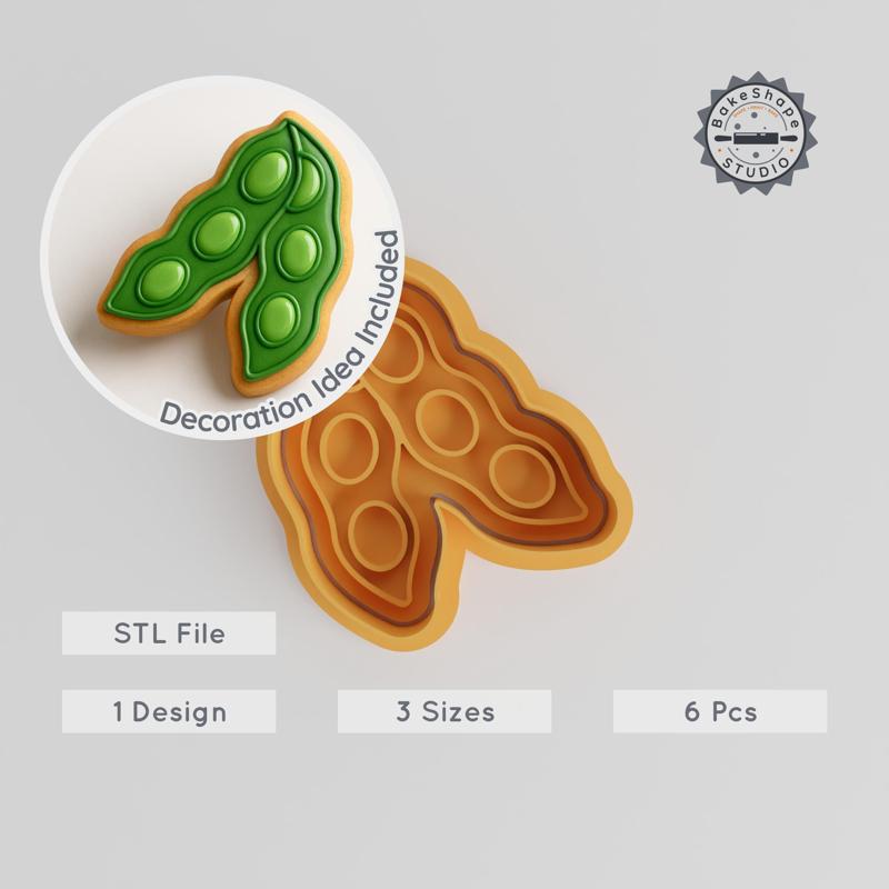 Soybean Shape Cutter & Stamp, Cookie & Fondant Set, 3 Sizes, Organic Vegetable Design