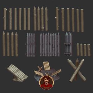 Wooden pillars, defenses, barricades, wooden trunk set