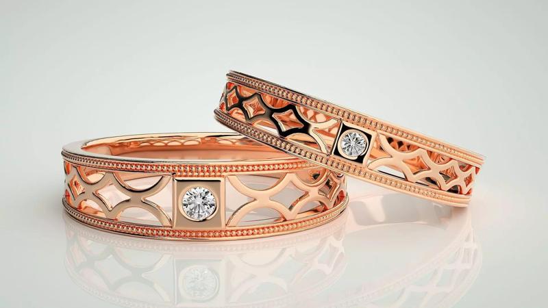 Mesh  Solitaire Couple Band Ring 3dm stl render detail