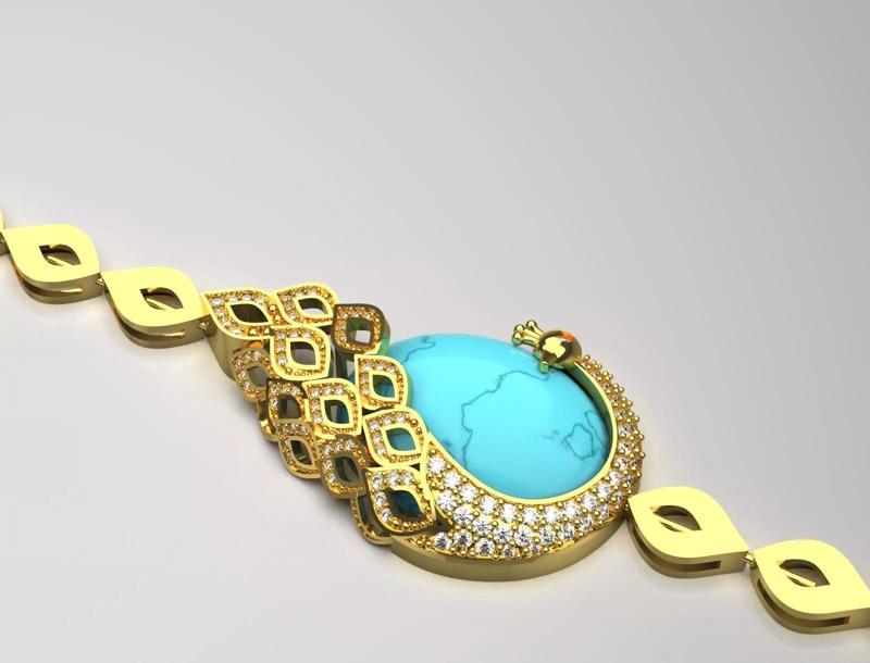 Turquoise bracelet with yellow gold peacock design model bg0025