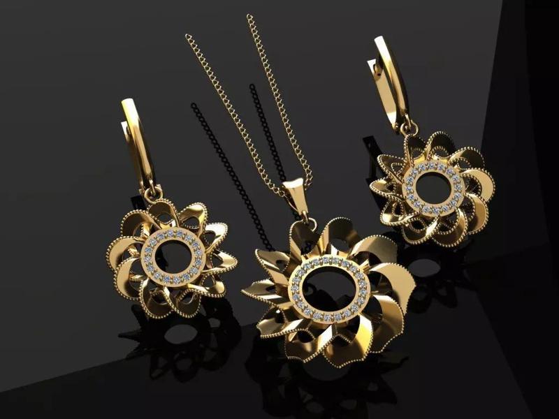 Elegant Floral Jewelry Set 3D Model with Diamonds
