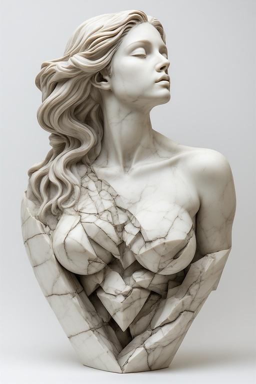 A sculpted bust of a woman embodies grace and elegance, showcasing intricate details that invite close examination.