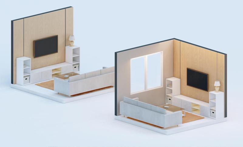 Low poly orthographic view of living room studio house CG model