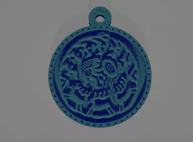 A pendant depicting cave paintings of ancient peoples