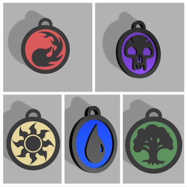 keychain/pendant collection with mana symbols