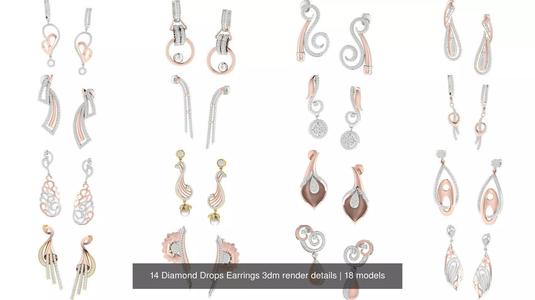 14 Diamond Drops Earrings 3dm render details 3D Model Collection