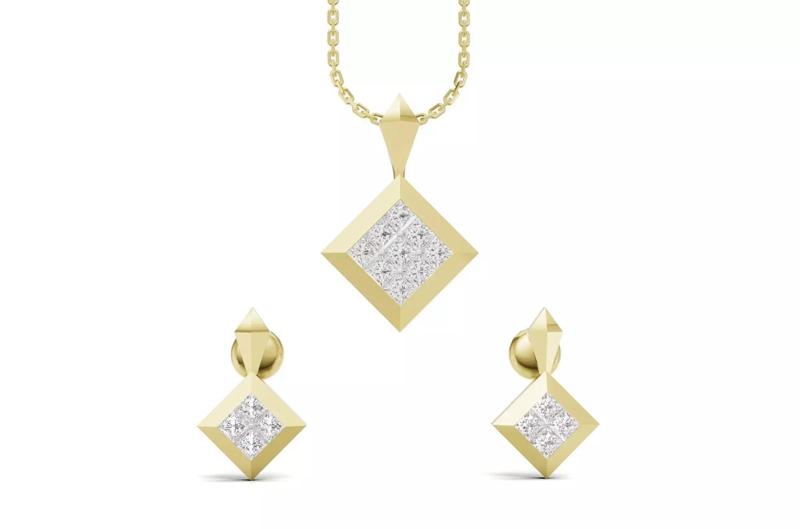 Princess Diamond Pendant with Earring 3D Model
