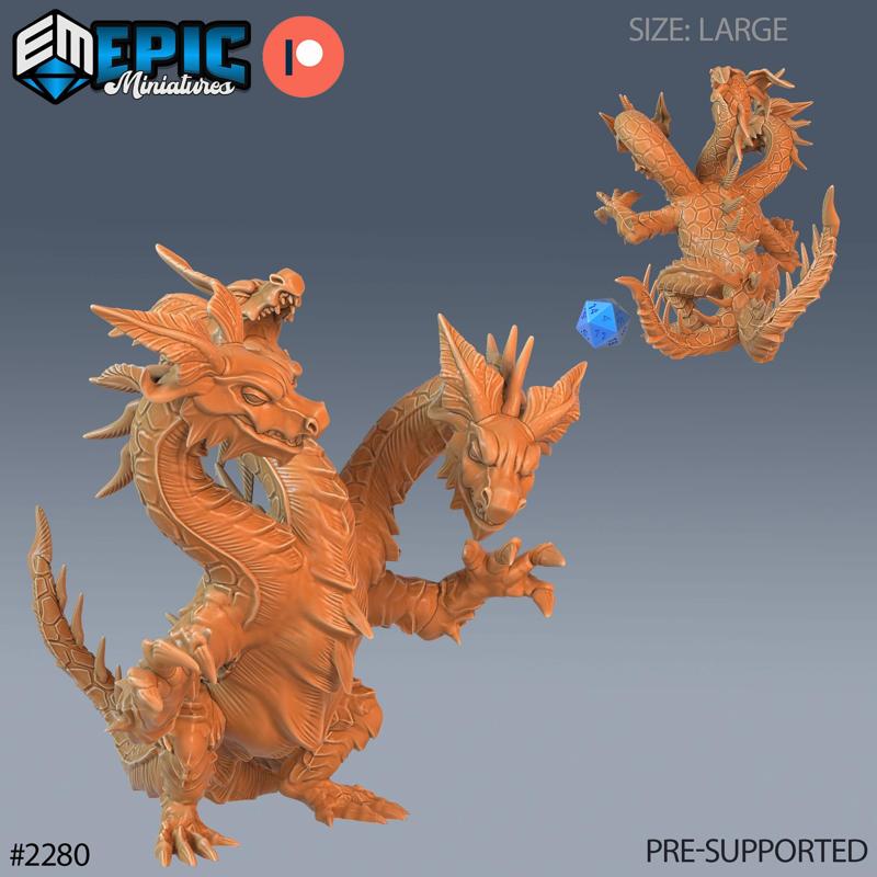 Dungeon Hydra Angry / Reptilian Magical Beast / 3 Headed Mystical Serpent