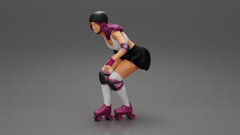 roller derby girl rolling fast with helmet