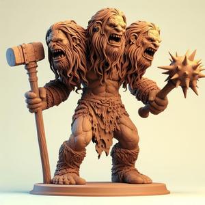 52 Three-Headed Roaring Norwegian Troll - 3D-Printed Bronze-Style Statue, character, monster, fantasy, art, sculpture, model, animal, 3d model, statue, creature, magic, 3d print, collectible, cat, wood, dragon, sword, base, warrior