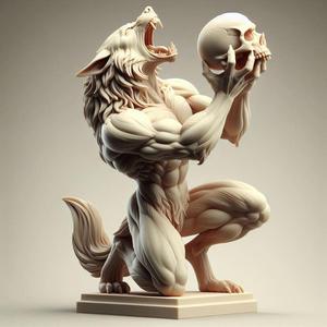 252 Ivory Werewolf Howling with Skull - 3D Model, character, monster, fantasy, art, sculpture, model, animal, 3d model, statue, creature, low poly, 3d print, collectible, cat, wood, dragon, sword, base, warrior, wild, dog