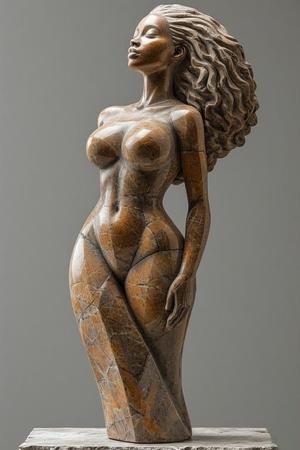A stylized sculpture of a nude woman with long, flowing hair and an exaggerated hourglass figure. She stands upright on a square base, gazing upward with a confident expression.