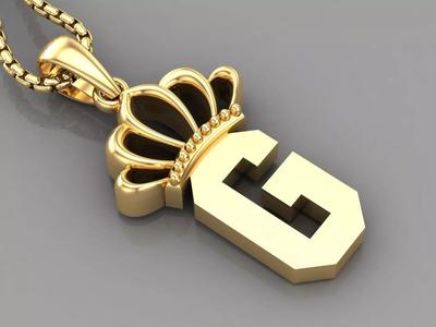 G Crown Letter Initial Pendant in 10kt Yellow Gold Cad Design