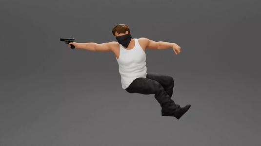 A masked gangster man riding in a car and holding a gun
