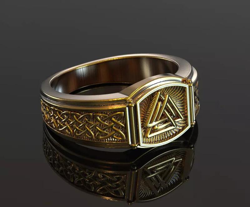 Viking signet ring with pagan valknut symbol and norse ornament