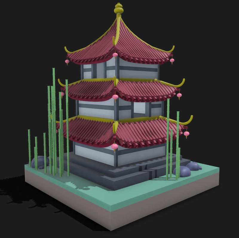 Isometric Chinese Temple Diorama