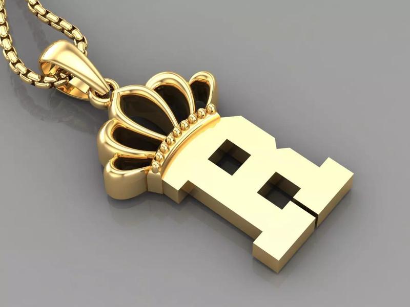 R Crown Letter Initial Pendant in 10kt Yellow Gold Cad Design