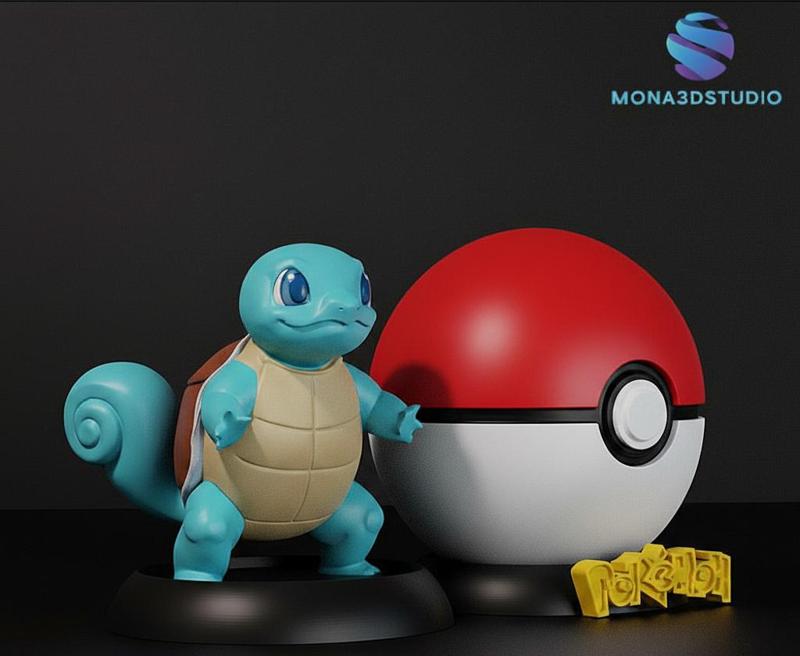 Squirtle & Pokeball Display Stand 3D Print Model STL - Multi-Part Detailed Set