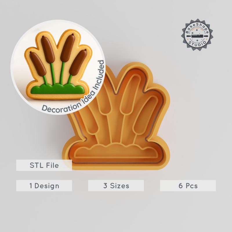 Cattail Cookie Cutter & Stamp Set, 3 Sizes, Reed Plant Fondant Mold, Wetland Aquatic Grass Design