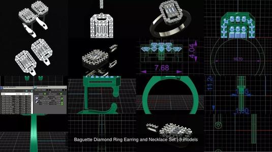 Baguette Diamond Ring Earring and Necklace Set 3D Model Collection