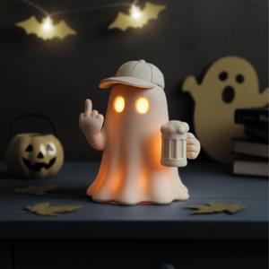 Middle Finger Ghost | Funny Tealight Holder and Figurine | Spooky Halloween Decor with Beer & Cap
