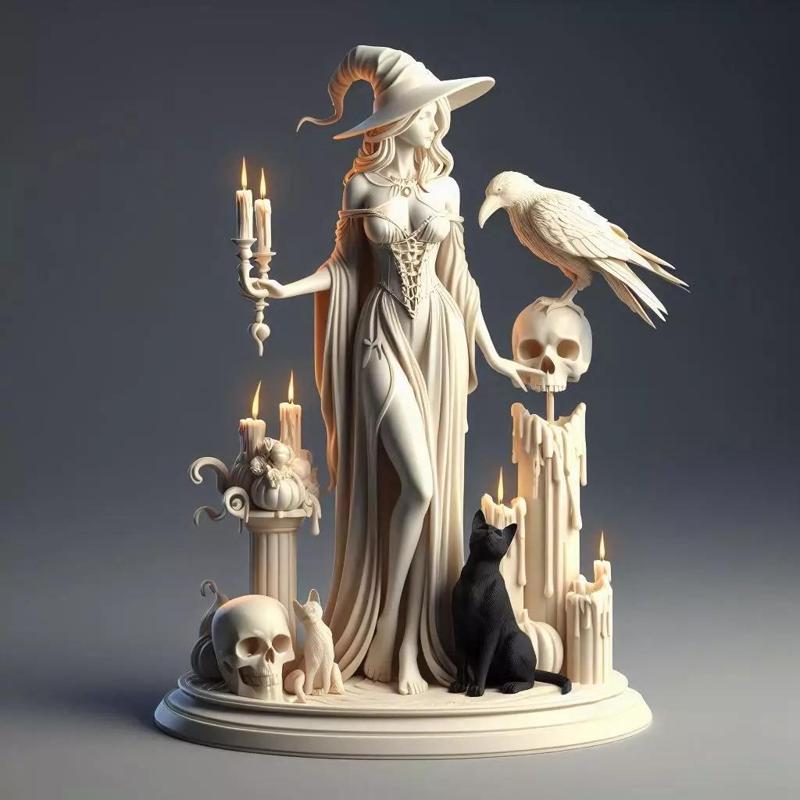 761  White Witch with Candles Raven  Black Cat  magic