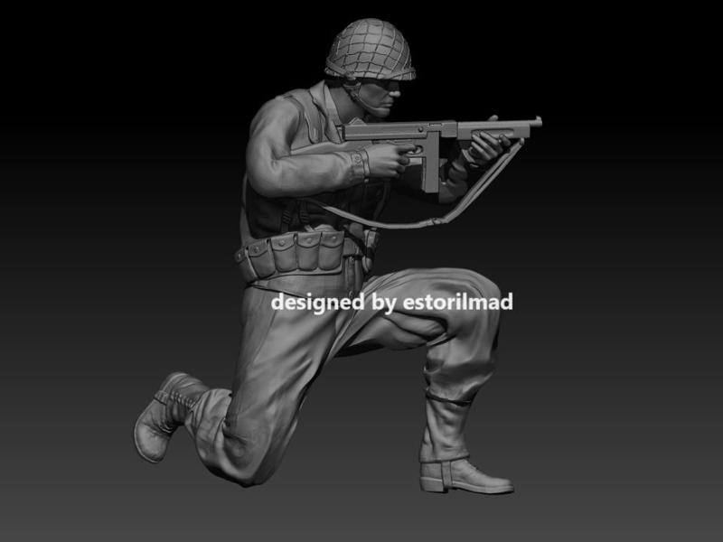 WW2 AMERICAN INFANTRYMAN CROUCHED SHOOTING THOMPSON