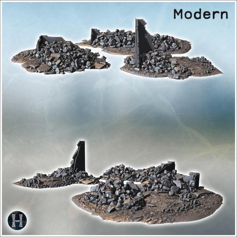 Ruined wall sections with large debris piles and scattered stone fragments across textured bases (3) - Modern WW2 WW1 World War Diaroma Wargaming RPG Mini Hobby