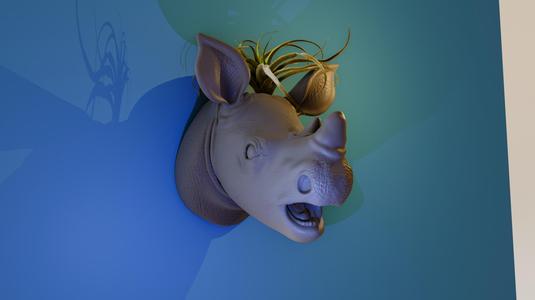 baby rhino head wall mount mouth open planter pot stl
