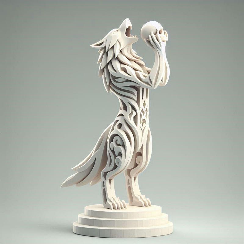 593 Totemic Werewolf Howling with Skull - Full-Body 3D Model, sculpture, statue, creature, low poly, collectible, wood, sword, base, warrior, wild, dog, dragon, dragon, dnd, cat, monster hunter, monster, totem, totemic