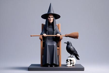 1507 Elegant Witch with Broom, Raven and Skull - Colorful Full-Body Figurine, magic, creature, fantasy, wood, gnome, gorgon, warrior, wild, fox, monster, cat, dog, fair, witch, werewolf, horror, beast, gothic, troll