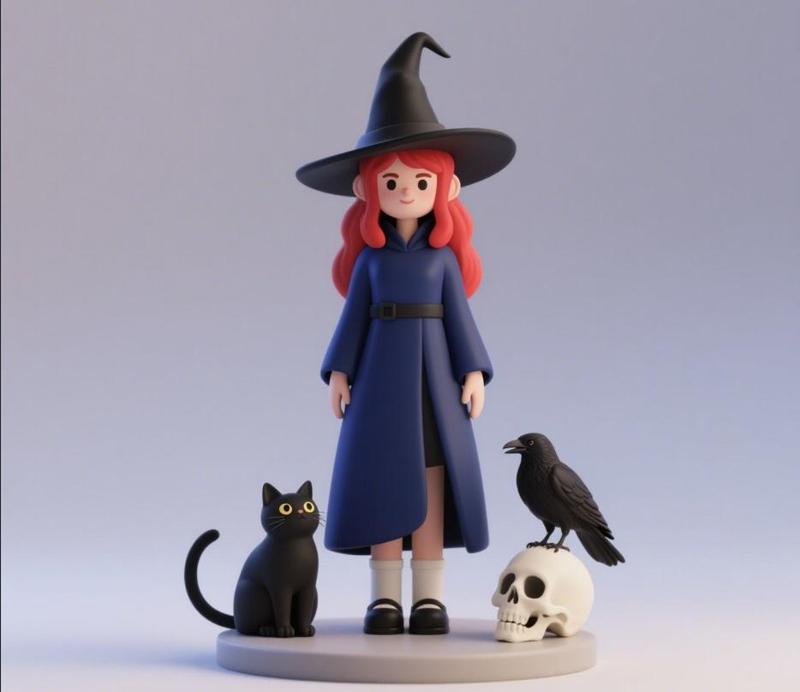 744 Red-Haired Witch with Cat and Raven - Full-Color 3D Model, magic, creature, sculpture, fantasy, wood, base, sword, warrior, wild, dragon, dnd, cat, monster, dog, godzilla, fair, totem, witch, werewolf