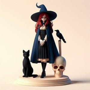 725 Red-Haired Witch with Cat and Raven - Full-Color 3D Model, magic, creature, sculpture, fantasy, wood, base, sword, warrior, wild, dragon, dnd, cat, monster, dog, godzilla, fair, totem, witch, werewolf