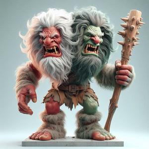 690 Two-Headed Roaring Norwegian Troll - 3D-Printed Ivory-Style Statue, fantasy, wood, base, sword, warrior, wild, low poly, dragon, dnd, cat, monster hunter, monster, dog, godzilla, fair, totem