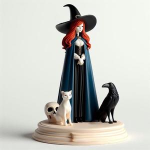 746 Red-Haired Witch with Cat and Raven - Full-Color 3D Model, magic, creature, sculpture, fantasy, wood, base, sword, warrior, wild, dragon, dnd, cat, monster, dog, godzilla, fair, totem, witch, werewolf