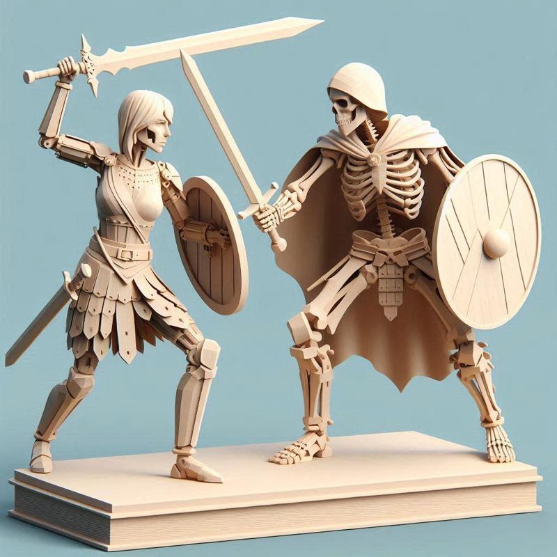 783 Battle of the Skeletons Figure vs Warrior Battle - Full Figure 3D Printed Wooden Statue, witch, dinosaur, wooden, knight, viking, dragon, dnd, cat, monster hunter, dog, monster, totem, totemic