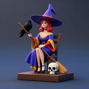 1555 Elegant Witch with Broom, Raven and Skull - Colorful Full-Body Figurine, magic, creature, fantasy, wood, gnome, gorgon, warrior, wild, fox, monster, cat, dog, fair, witch, werewolf, horror, beast, gothic, troll