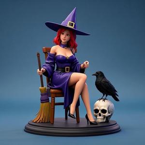 1711 Elegant Witch with Broom, Raven and Skull - Colorful Full-Body Figurine, magic, creature, fantasy, wood, gnome, gorgon, warrior, wild, fox, monster, cat, dog, fair, witch, werewolf, horror, beast, gothic, troll