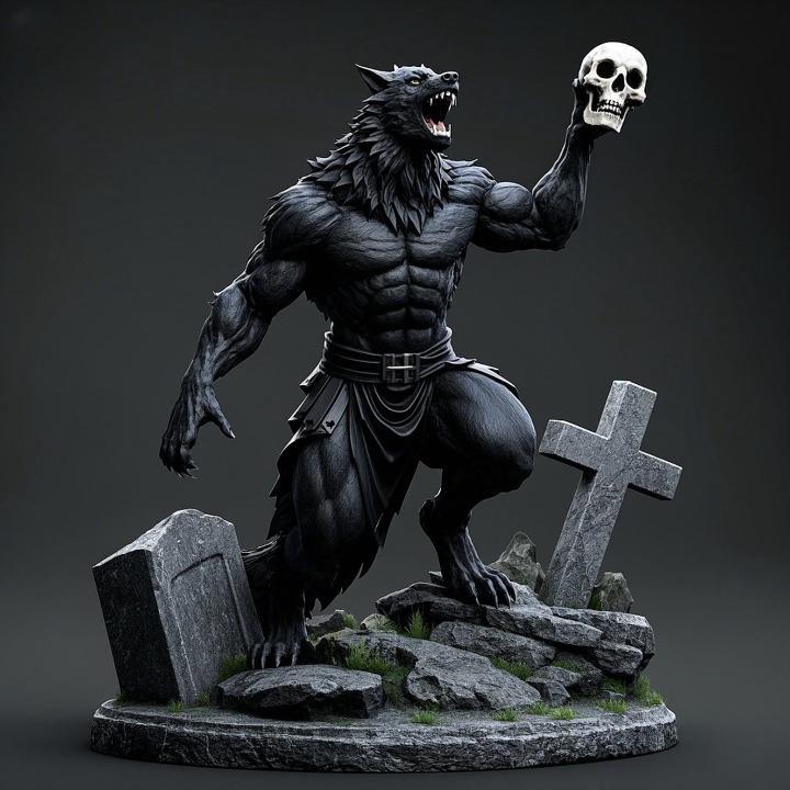 1710 COLORFUL Werewolf Howling with Skull - 3D Model, magic, fox, kung fu, shapeshifter, martial arts, fantasy, Pu Song Ling, warrior, mystic, legend, monster, fair, witch, werewolf, horror, beast, snake, troll, skeleton dance