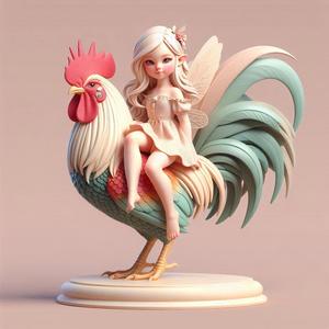 924 Fairy Rider - COLORFUL 3D-Printed Ivory-Style Statue of Fairy on Rooster, magic, witch, werewolf, fantasy, wood, base, sword, warrior, wild, dnd, cat, monster, dog, godzilla, fair, lion, fox, faun, pomeranian, beast