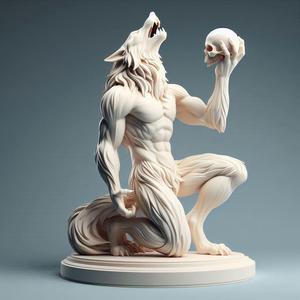 515 Ivory Werewolf Howling with Skull - 3D Model, magic, collectible, creature, dinosaur, sculpture, bear, troll, monkey, witch, club, werewolf, serpent, cat, fantasy, fair