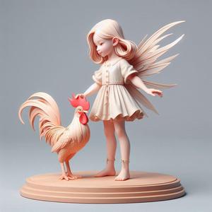 1199 Colorful 3D Model of a Fairy Playing with a Rooster on Base, magic, witch, werewolf, fantasy, wood, base, sword, warrior, wild, dnd, cat, monster, dog, fair, lion, lion, fox, faun, rooster, beast