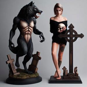 1255 Colorful 3D Model of Confused Werewolf and Brave Girl on Base, magic, creature, fantasy, wood, gnome, gorgon, warrior, wild, fox, monster, cat, dog, fair, witch, werewolf, horror, beast, gothic, troll