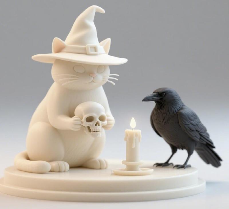 063 Witch Cat Composition - Skull, Candleholder on Shared Ivory , fantasy, art, sculpture, model, animal, 3d model, statue, creature, magic, 3d print, collectible, cat, bear, witch, dinosaur, wooden