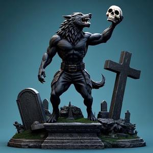 1776 Werewolf Howling with Skull - 3D Model, magic, fox, kung fu, shapeshifter, martial arts, fantasy, Pu Song Ling, warrior, mystic, legend, monster, fair, witch, werewolf, horror, beast, snake, troll, skeleton dance