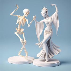 114 Tango of Life and Death - 3D-Printed Ivory-Style Minimalist Statues, magic, dragon, serpent, mask, gnome, gorgon, venetian carnival, wild, fox, monster, cat, fair, witch, werewolf, horror, beast, snake, troll, skeleton dance
